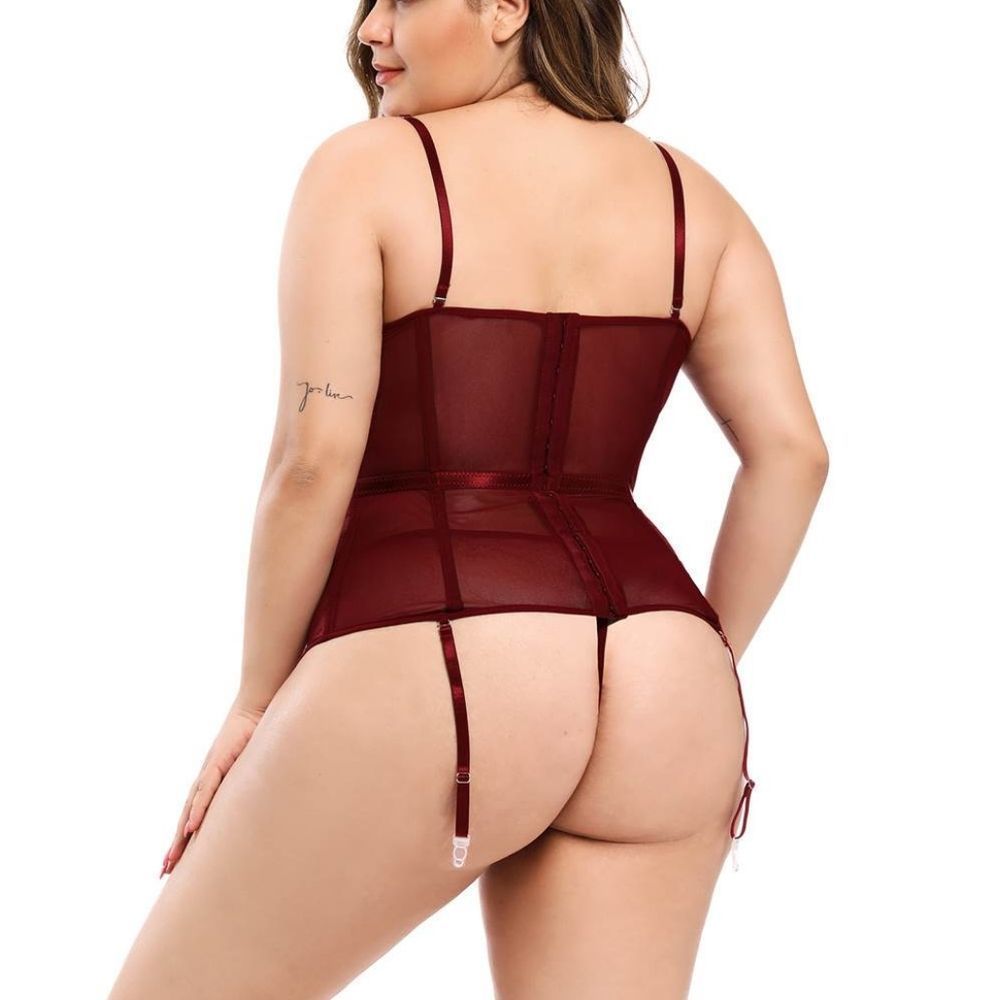 🏷🆕S-2XL; Women's Wine Red Corset with Garter and Matching G String Panties Set - Picture 3 of 14